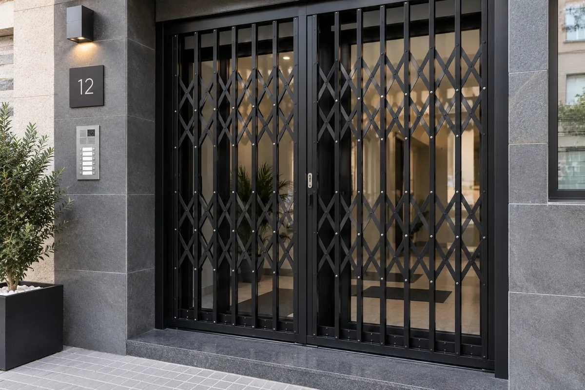 Puerta de tijera color antracita cerrando el portal de un edificio