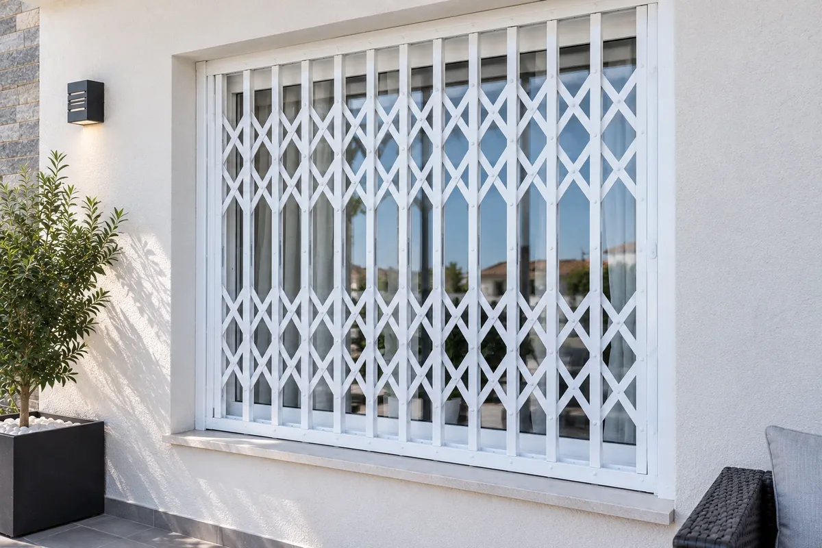 Detalle de una reja de seguridad plegable blanca en una ventana