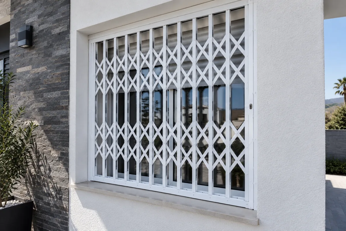 Reja de ballesta blanca en la ventana de una casa de sierra (Huesca)