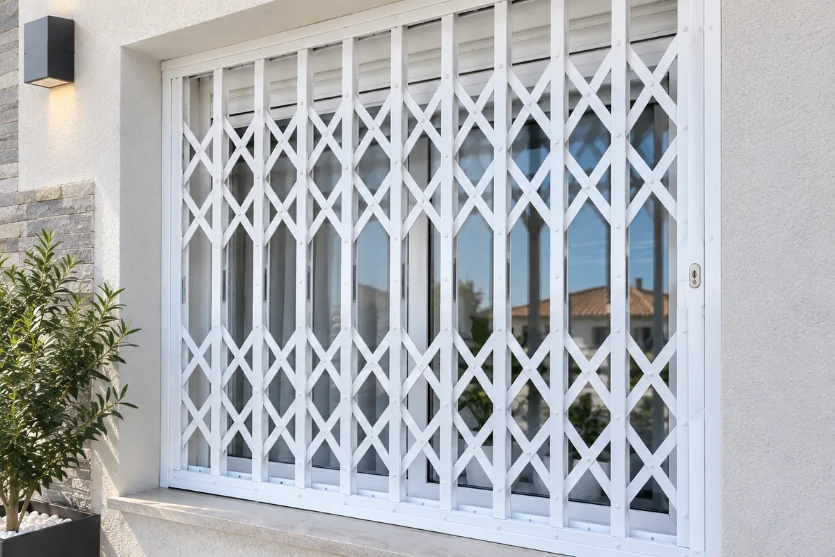 Reja de ballesta blanca en la ventana de un chalé (Cáceres)